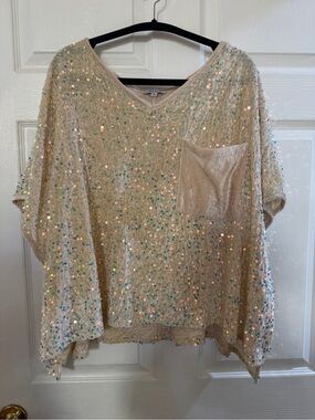 white birch Iridescent Sequin V-Neck Boxy Tunic - Champagne